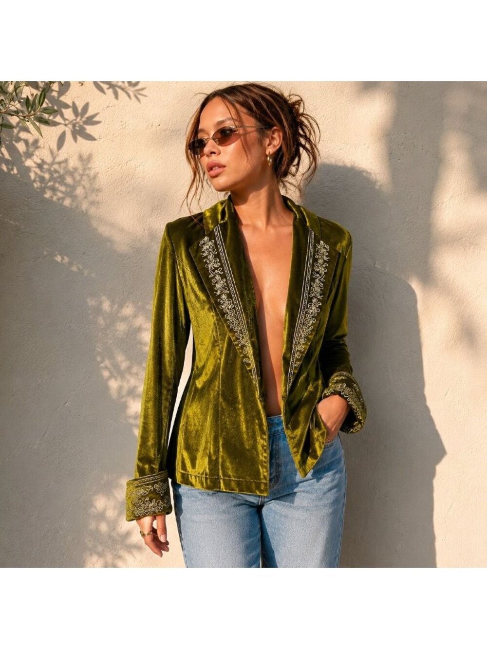 VTG Y2K Chartreuse Velvet Embroidered Jacket Women S Fairy Grunge Goblincore